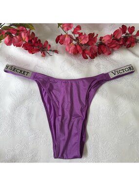 VICTORIA'S SECRET L PURPLE RHINESTONE BLING STRAPPY STRING BRAZILIAN PANTIES NWT